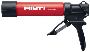 Aplicador de adhesivo Hilti, cilindro rojo con mango negro y gatillo.