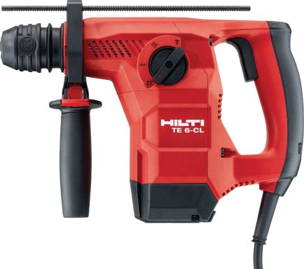 Martillo eléctrico Hilti en color rojo y negro, con mango y accesorios para perforación.