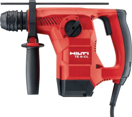 Martillo de perforación Hilti, rojo, con mango y cable eléctrico.