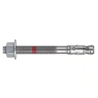 Tornillo de anclaje de metal con tuerca, arandela y marcas rojas en el cuerpo.