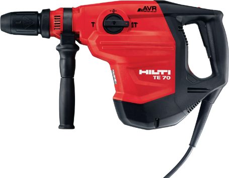 Martillo perforador Hilti TE 70, rojo y negro, con mango ergonómico y cable.