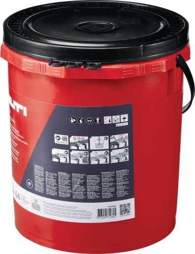 Cubeta roja con tapa negra y etiquetado en la parte frontal.
