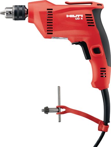 Taladro eléctrico de la marca Hilti, color rojo y negro, con cable y soporte.