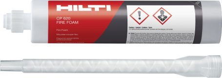Tubo de adhesivo Hilti con boquilla, marcado con símbolos de advertencia.