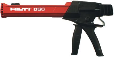 Pistola de adhesivo Hilti, color rojo y negro, estilo comprimido.