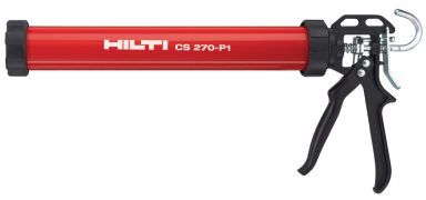 Aplicador de cartuchos Hilti, diseño rojo con mango negro y gatillo.
