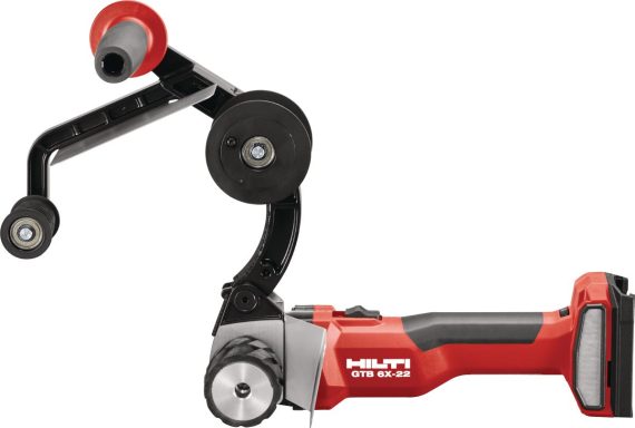 Herramienta portátil de doblado, color rojo y negro, con rodillos y mango ergonómico.