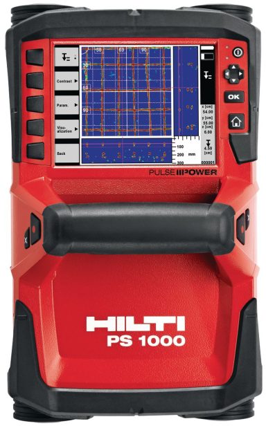 Detector de cables Hilti PS 1000 con pantalla azul y botones en la parte frontal.