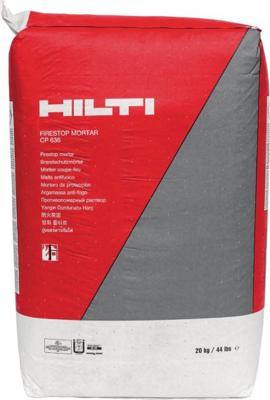 Bolsa de cemento Hilti, roja y gris, de 25 kg.