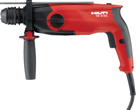 Taladro eléctrico Hilti, color rojo y negro, con mango adicional y cable de alimentación.