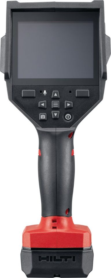 Herramienta de inspección portátil con pantalla y botones en un diseño ergonómico.