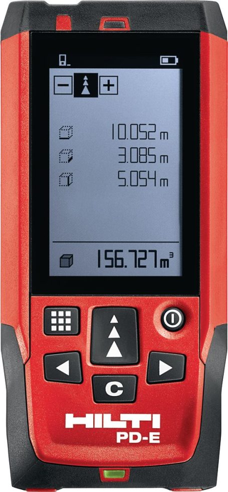Medidor láser Hilti PD-E con pantalla digital y funciones de medición.