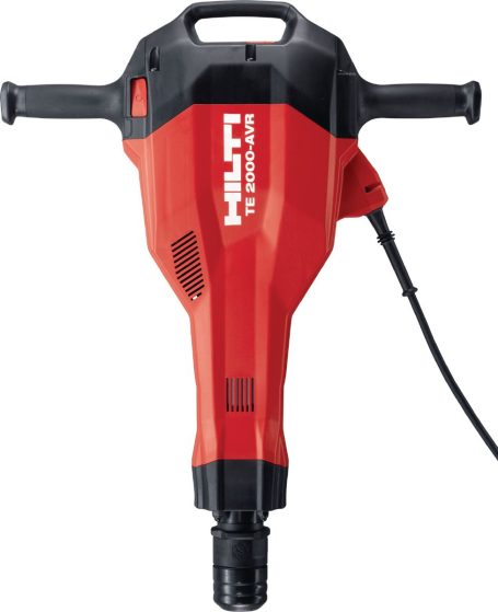 Martillo demoledor eléctrico rojo de la marca Hilti, con mango y cable de conexión.