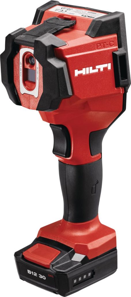 Nivel láser portátil de color rojo y negro, marca Hilti, con batería integrada.